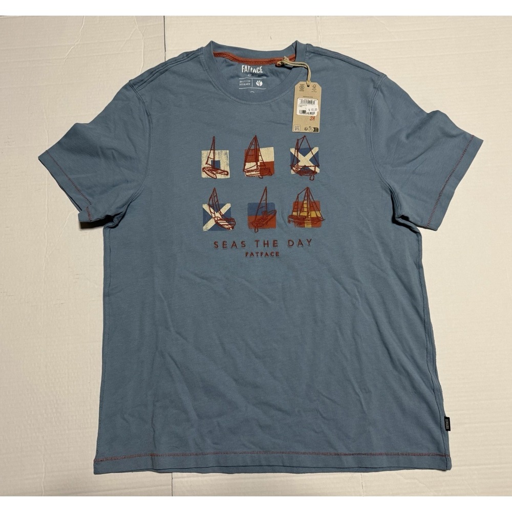 Fat face T Shirt Men's Blue L  Seas The Day Tee Summer Boats Fatface Regular NWT